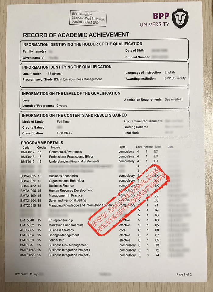 BPP University fake transcript