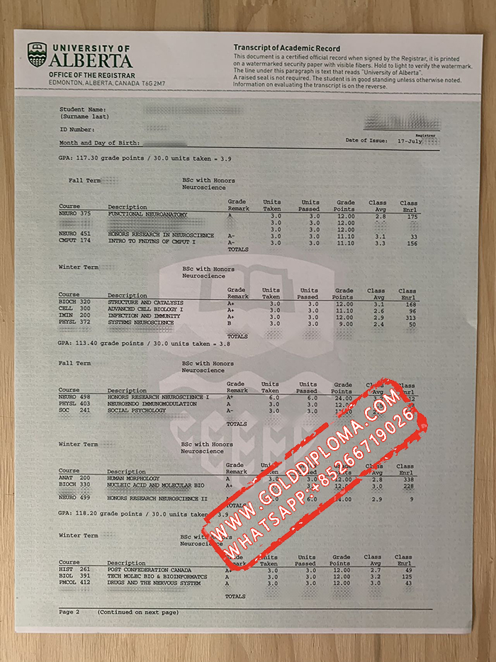 University of Alberta fake transcript